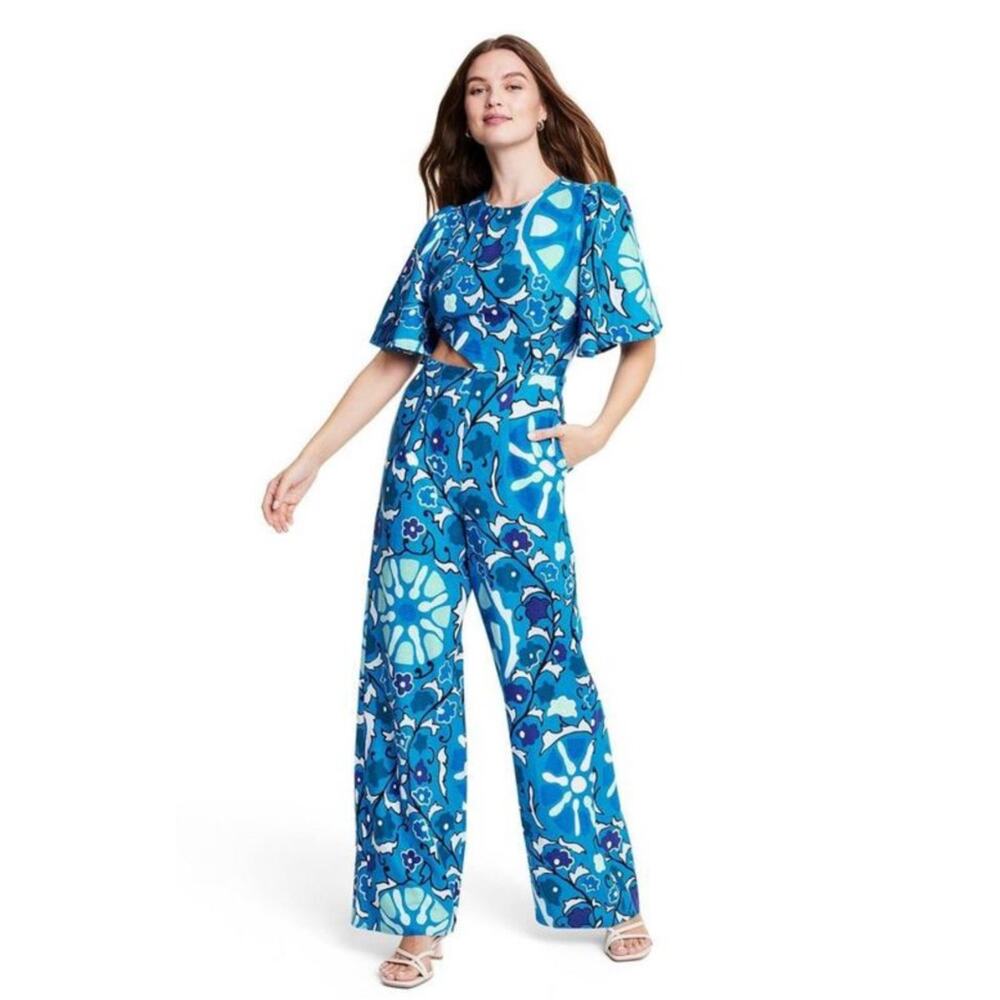 RHODE Women’s Blue Zinnia Print Jumpsuit - Size Large, Boho Chic Style